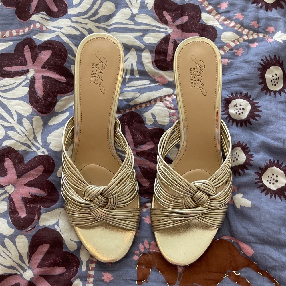 Jewel Badgley Mischka Mia Metallic Gold Braided Knot Slide Heels